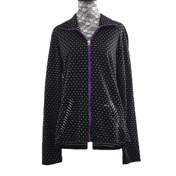 KD110‎ Black White Knit Zip Front Jersey Sweater Womens Large Scrub Jacket - Picture 1 of 11